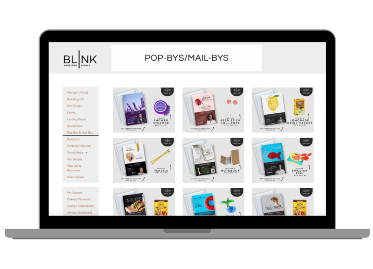 Blink marketing toolkit for real estate agents! Everything you need to succeed! Stay in touch with your client base or farm with our library of innovated pop-bys and mail-bys!